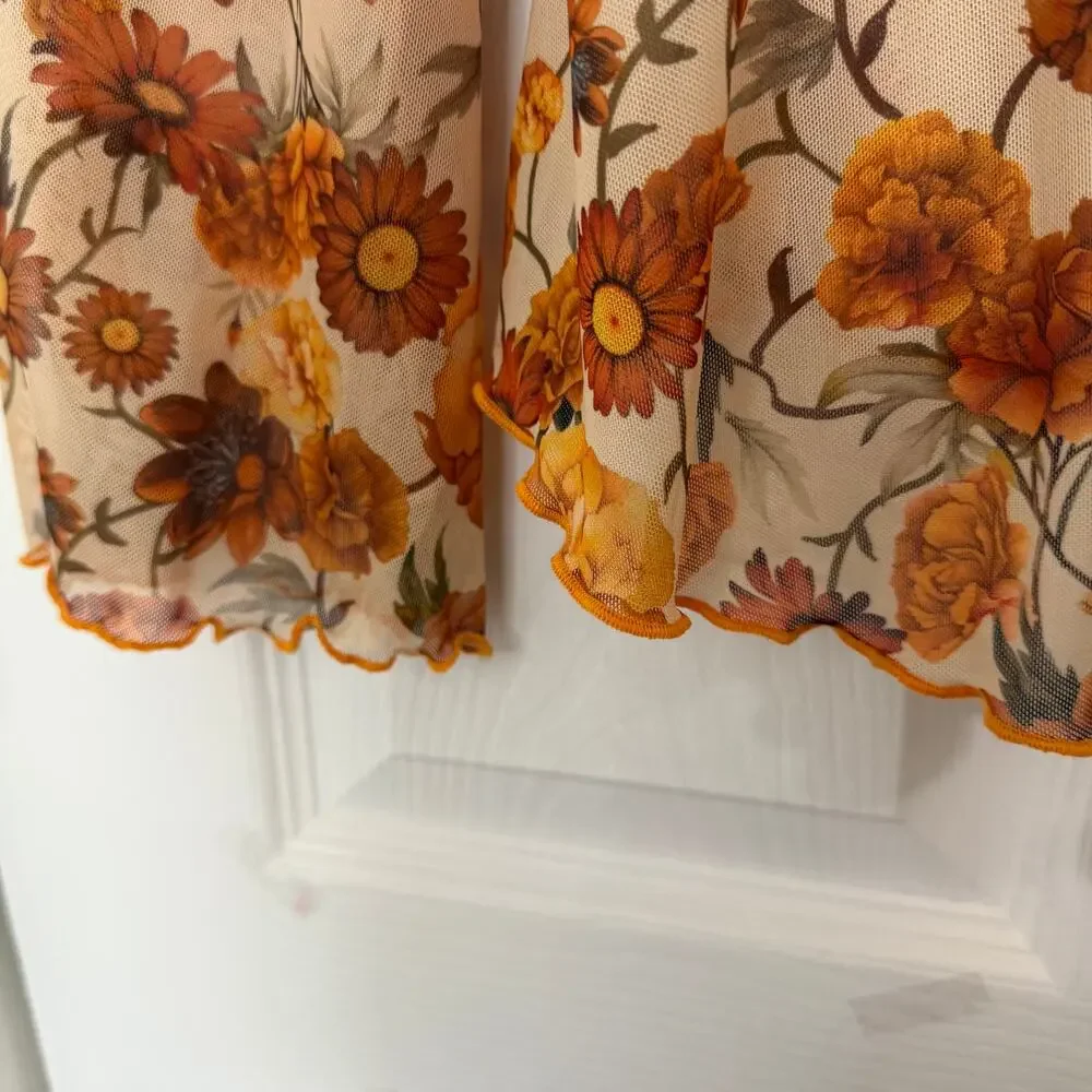 Floral Print V Neck Long Sleeve Bow Tie Front Sheer Blouse Top